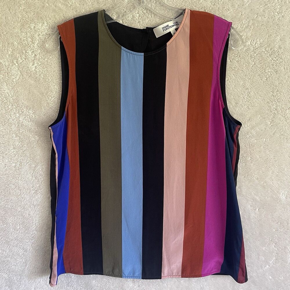 Diane Von Furstenberg Sleeveless Silk Colorful Top M Natural Classic Blouse - Picture 8 of 9